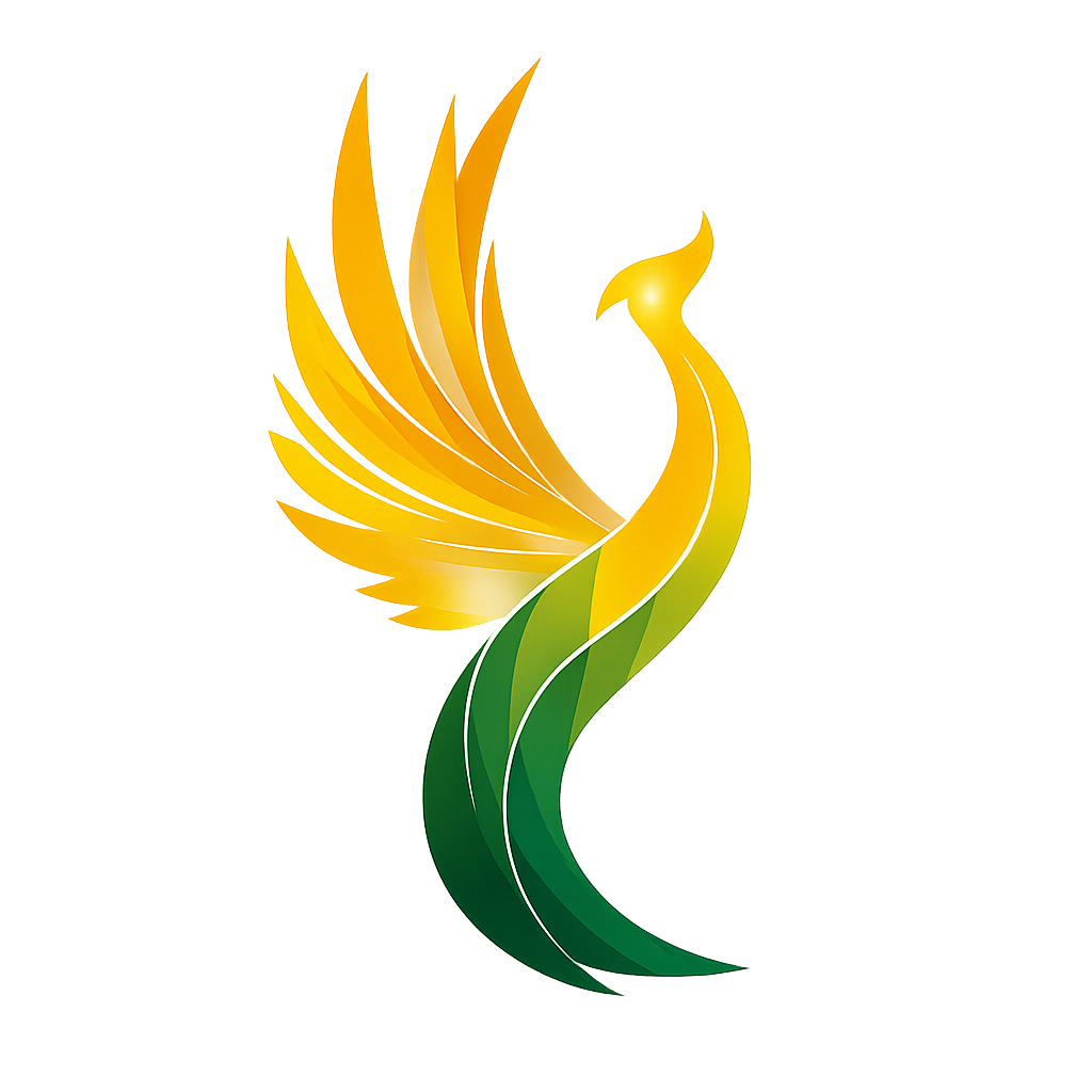 Logo centrum zdrowia w formie abstrakcyjnego feniksa w barwach zielono-złotych na przeźroczystym tle