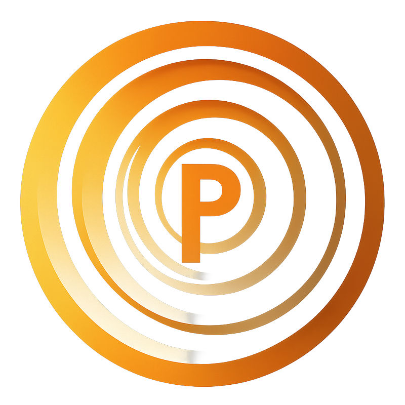 Sygnet Powerpointuj – litera „P” w centrum koncentrycznych pierścieni w odcieniach pomarańczu i złota