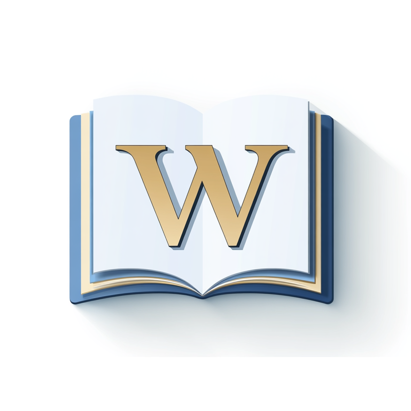 Sygnet Worduj.pl – litera „W” w kolorze złotym umieszczona na otwartej książce w odcieniach niebieskiego